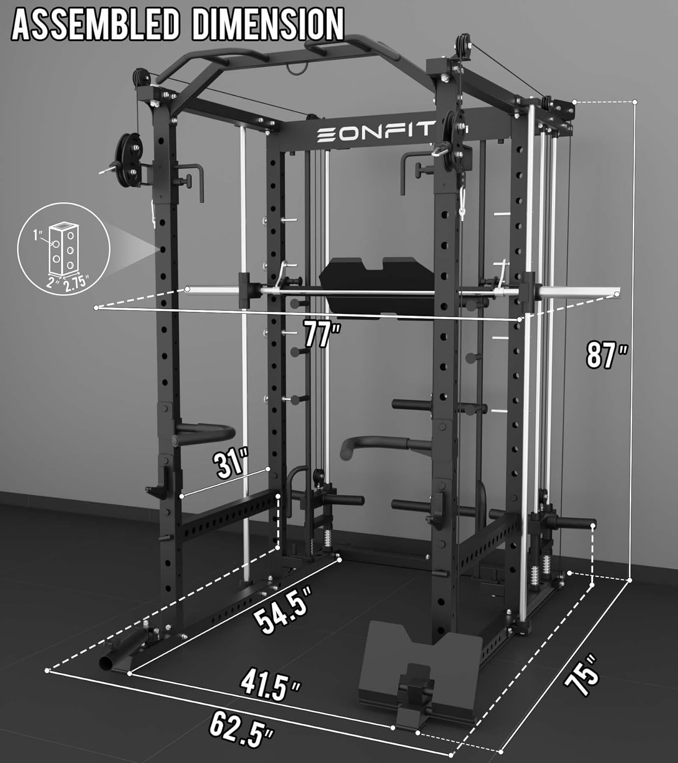 Eonfit E5 Smith Machine with Vertical Leg Press, Power Cage Squat Rack with LAT-Pull Down Cable Crossover Rotating Arms System Home Gym Equipment All in One (E5 RED)