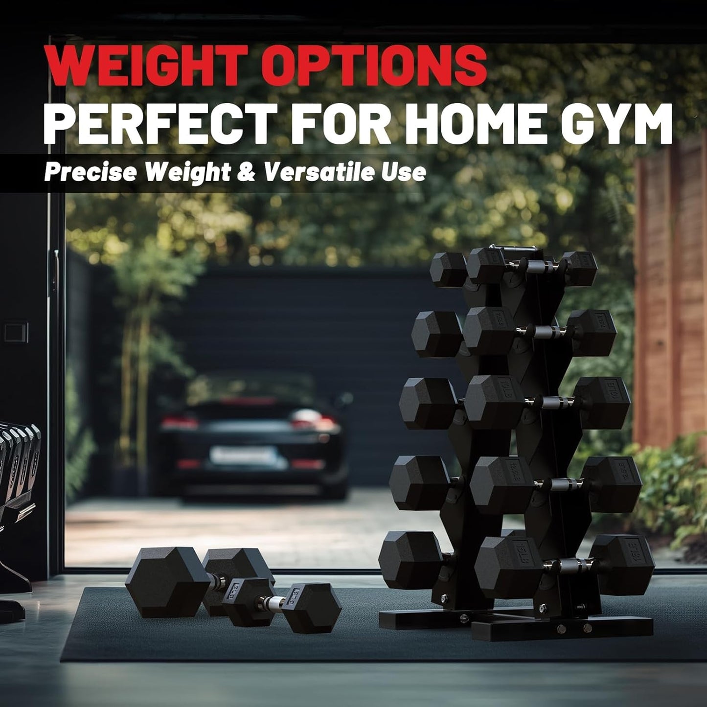 PAPABABE Hex Dumbbell Sets with Rack, 60-550lb Rubber Coated Dumbbell Weight Set and Storage Rack, Multiple Options Hand Weights for Strength Training