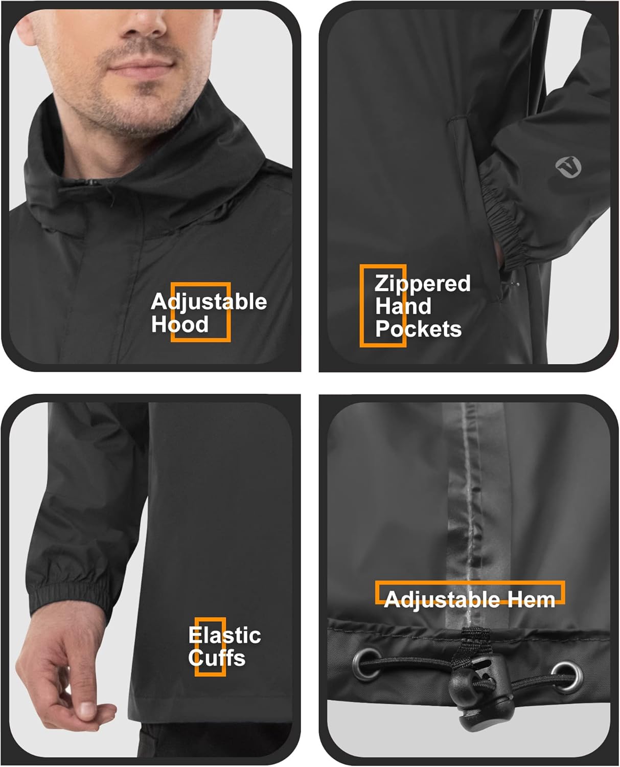 Outdoor Ventures Men's Rain Jacket Waterproof Lightweight Packable Rain Pullover for Hiking Golf Running
