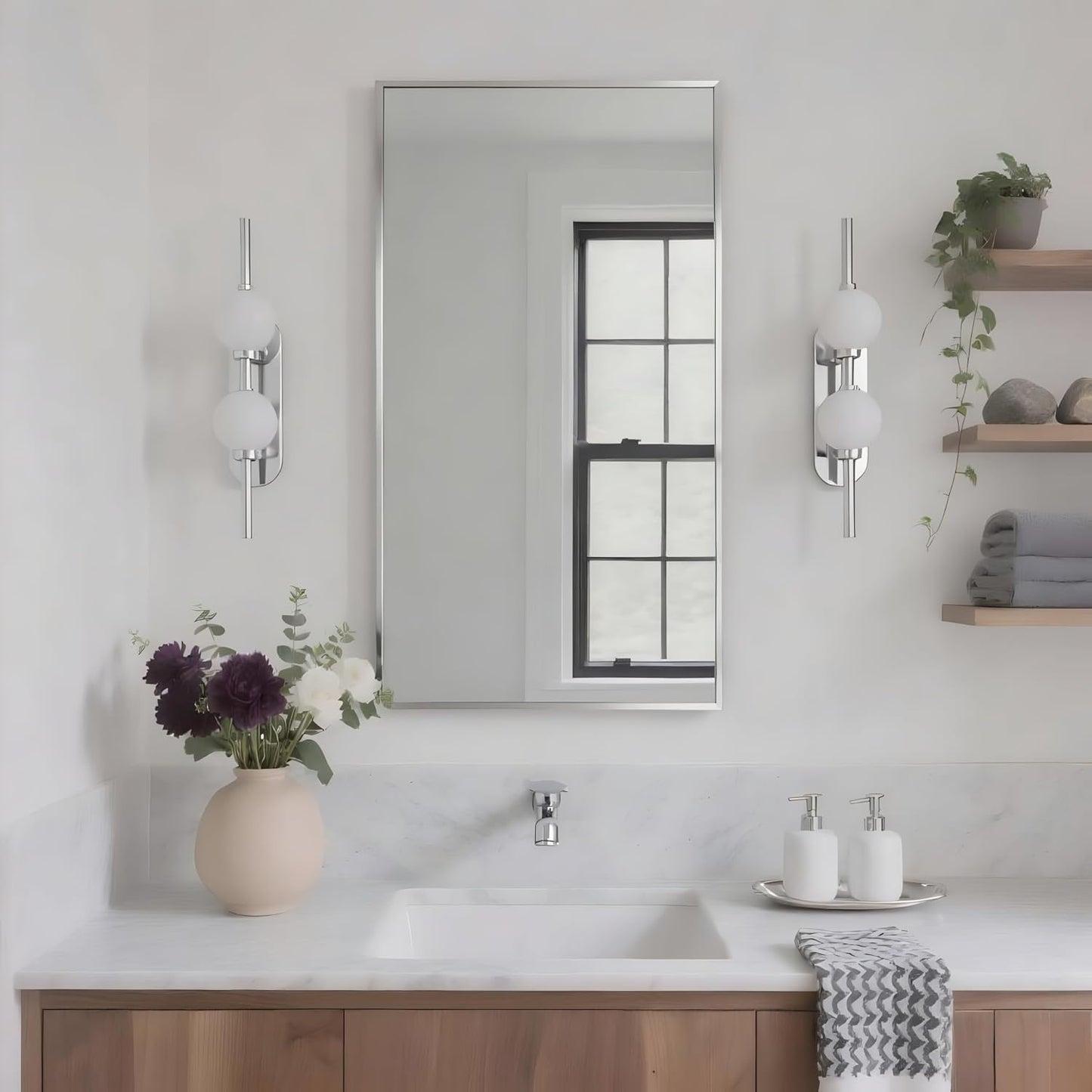 20x36 Inch Nickel Bathroom Mirror for Wall, Aluminum Frame Rectangle Rectangular Vanity Mirror, Modern Large for Bedroom, Living Room, Horizontal or Vertical