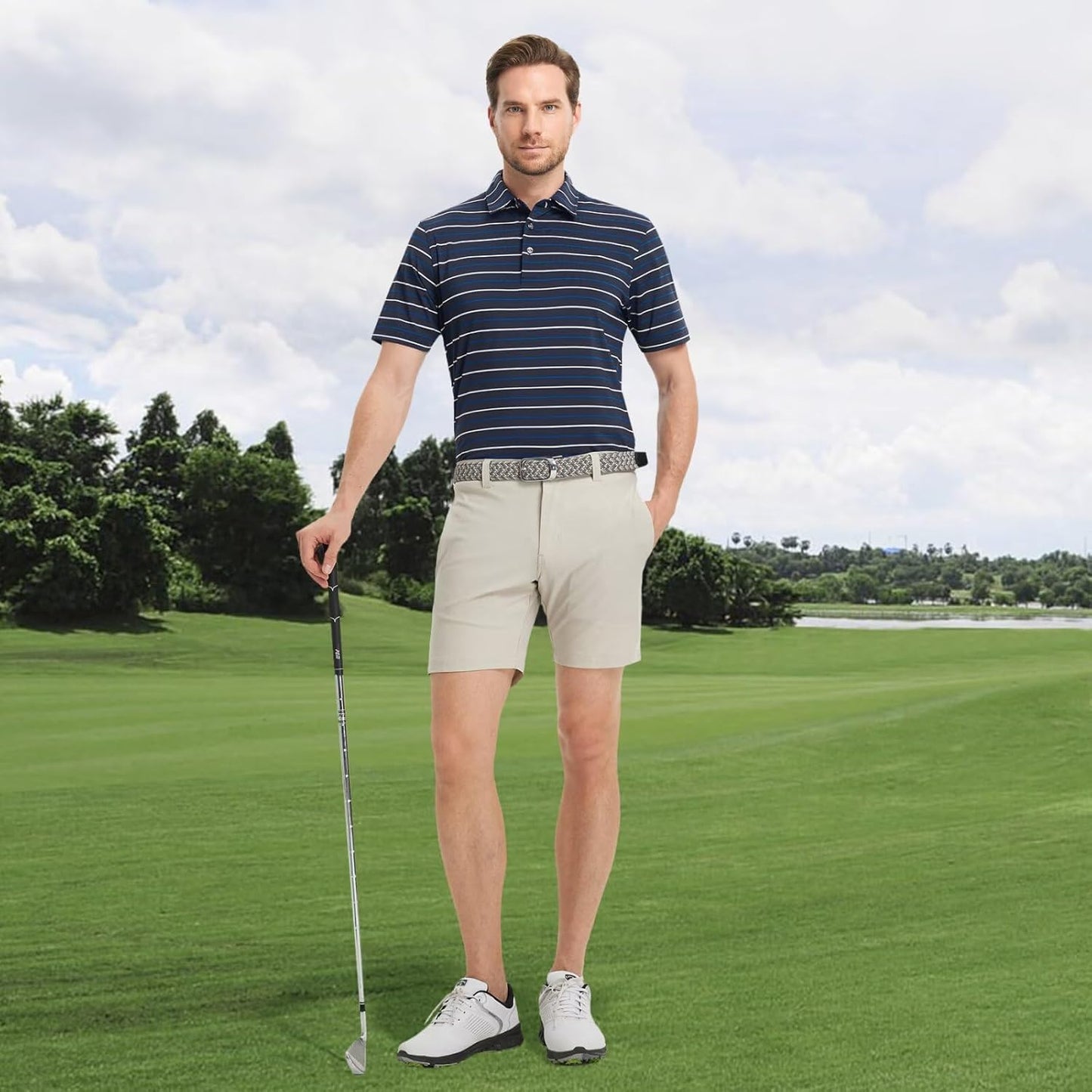 Rouen Mens Golf Shirt Moisture Wicking Dry Fit Performance Stripe Casual Collared Short Sleeve Golf Polo Shirts for Men