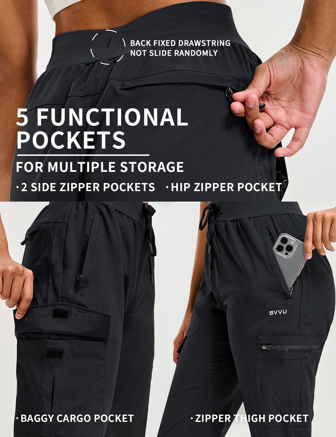 BVVU Women's Hiking Pants Lightweight Quick Dry Travel Outdoor Pants Waterproof Work Cargo Joggers with Zipper Pockets