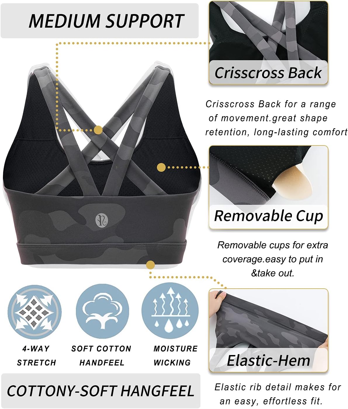 RUNNING GIRL Sports Bra for Women, Criss-Cross Back Padded Strappy Sports Bras Medium Support Yoga Bra with Removable Cups