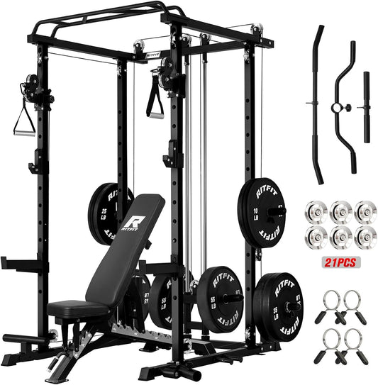 RitFit Power Cage with Optional LAT PullDown/Cable Crossover, 1000LB Squat Rack for Home & Garage Gym, with Weight Storage Rack and More Training Attachments, ASTM-Certified