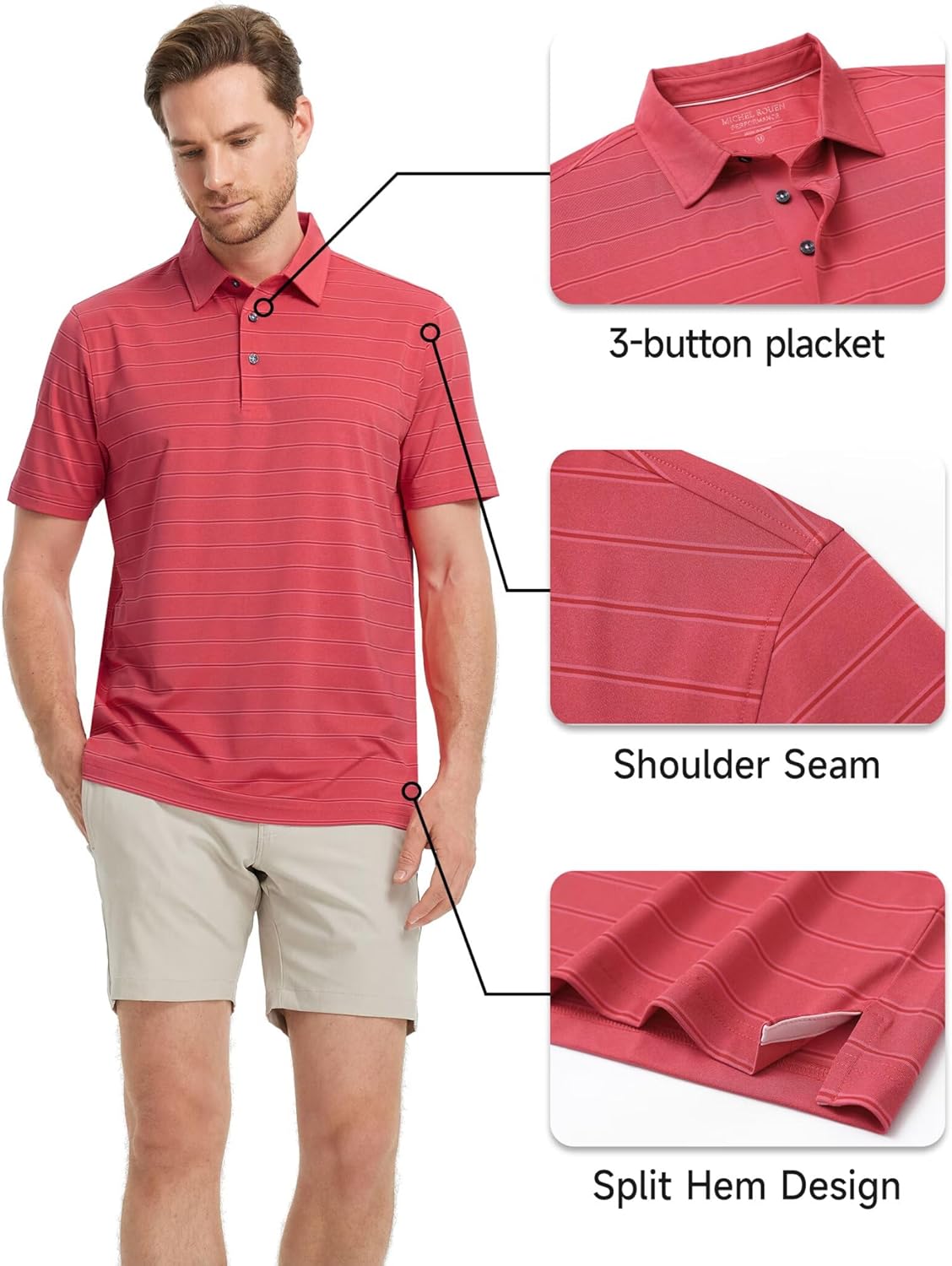 Rouen Polo Shirts for Men Dry Fit Performance Heather Stripe Golf Polo Moisture Wicking Lightweight Breathable Golf Shirts