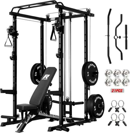 RitFit Power Cage with Optional LAT PullDown/Cable Crossover, 1000LB Squat Rack for Home & Garage Gym, with Weight Storage Rack and More Training Attachments, ASTM-Certified