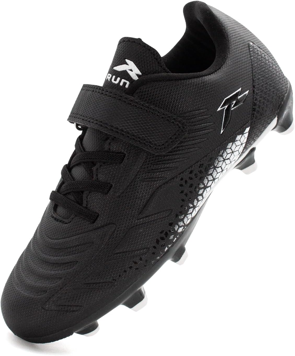 RUNIC Kids Soccer Cleats for Boys and Girls - Small and Big Kid Athletic Outdoor Football Shoes - Firm Ground - Hook and Loop Closure - Black/Gold