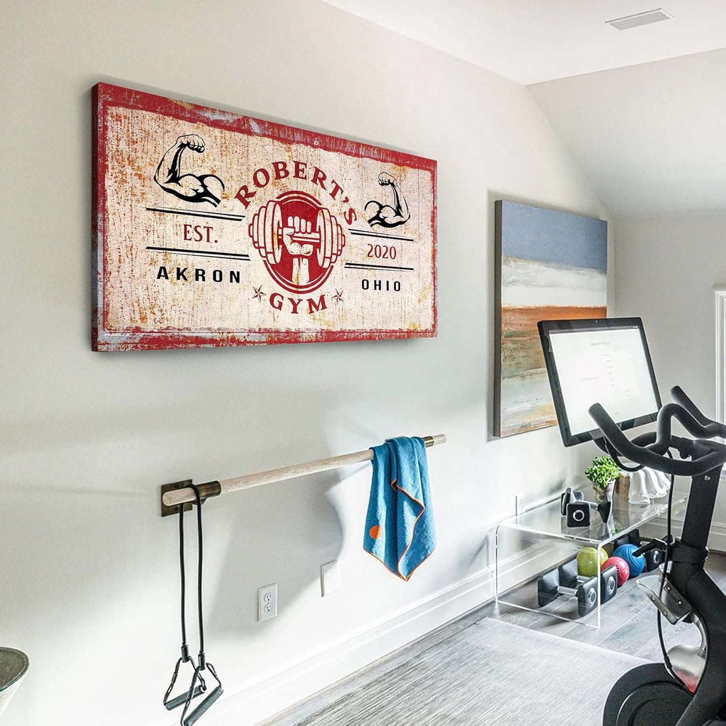 Tailored Canvases Personalized Gym Sign Wall Art Decor - Motivational Canvas for Home Gym, Workout Room, Garage, Fitness Center - Workout Inspirational Posters - One Hand Dumbbell on Rustic Red, 48x16in