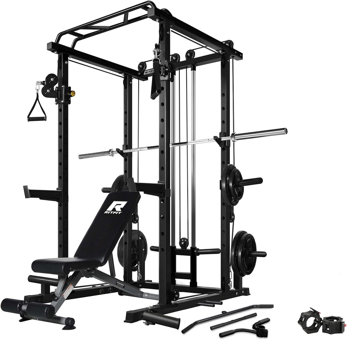 RitFit Multi-Function Squat Rack Power Cage PPC03 with Cable Crossover System, 1000LBS Capacity Power Rack and Packages with Optional Weight Bench, Barbell Weight Set, for Garage Workout & Home Gym