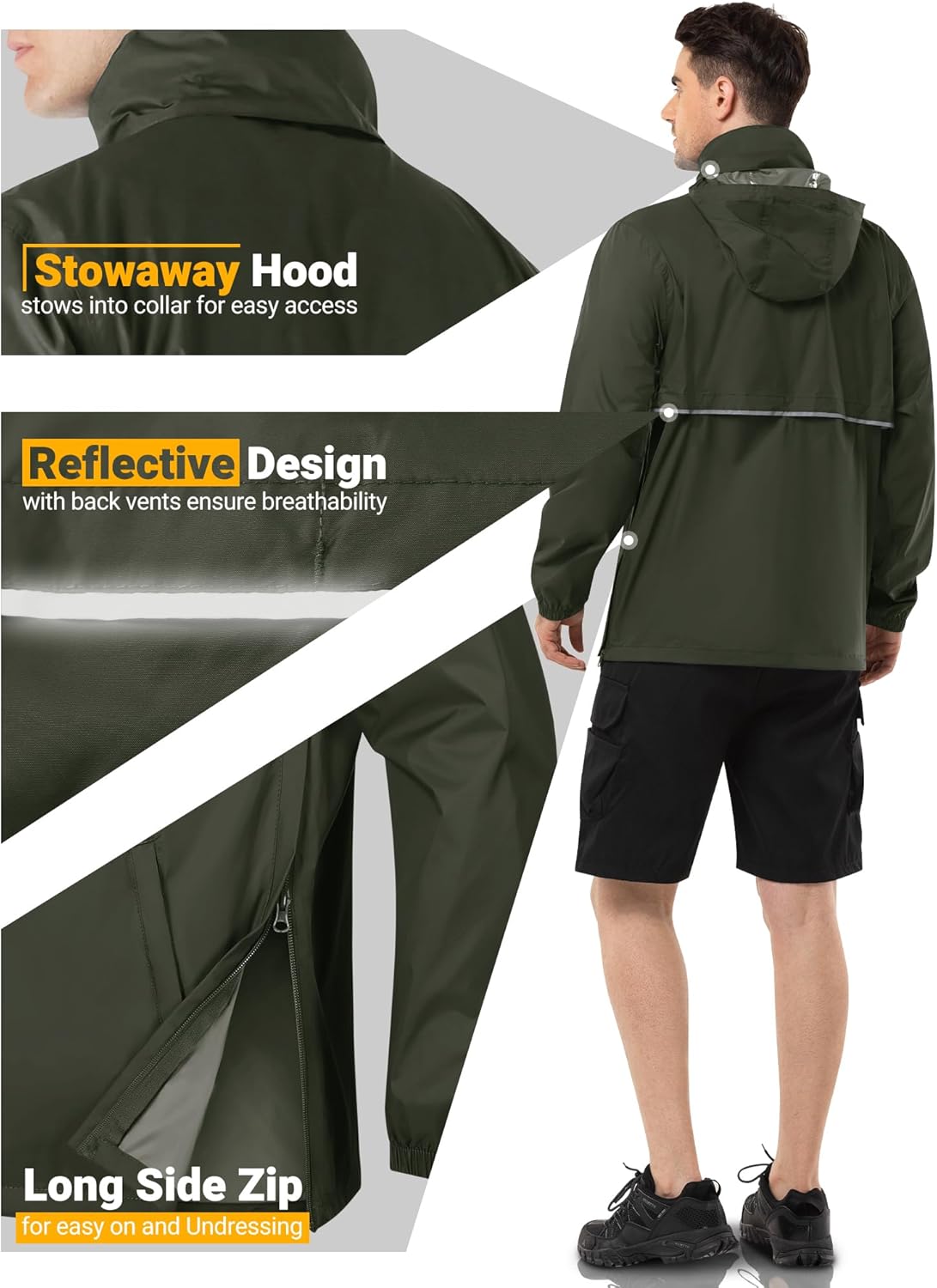 Outdoor Ventures Men's Rain Jacket Waterproof Lightweight Packable Rain Pullover for Hiking Golf Running