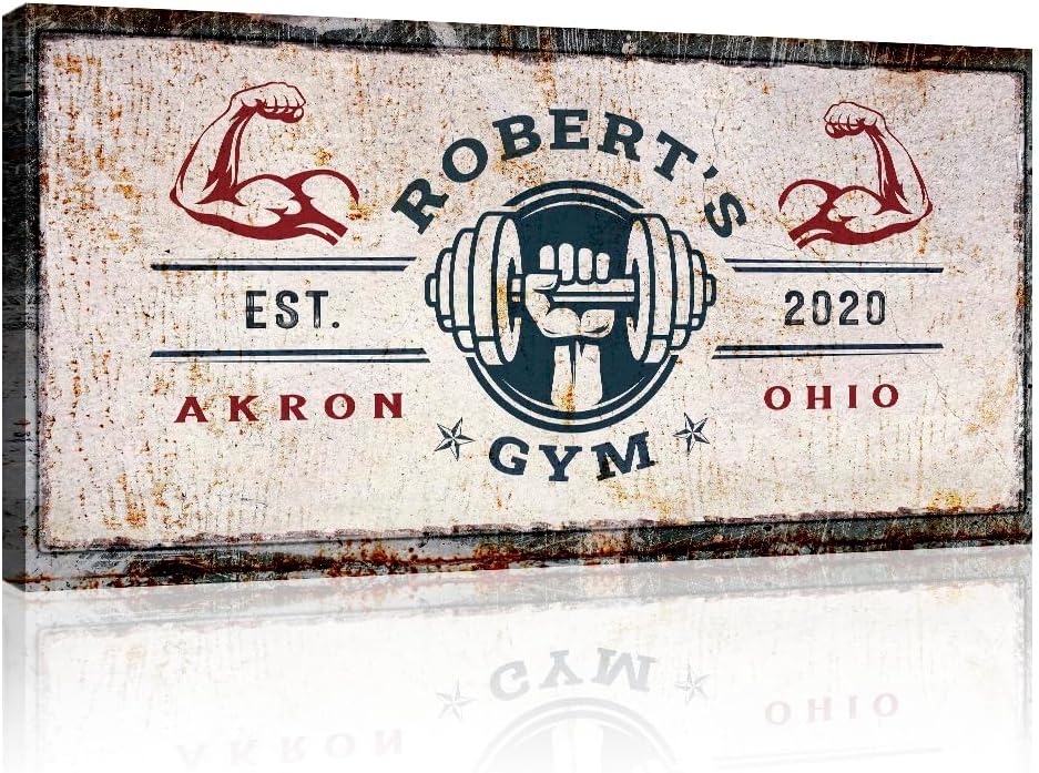 Tailored Canvases Personalized Gym Sign Wall Art Decor - Motivational Canvas for Home Gym, Workout Room, Garage, Fitness Center - Workout Inspirational Posters - One Hand with Dumbbell on Rustic, 20x10in