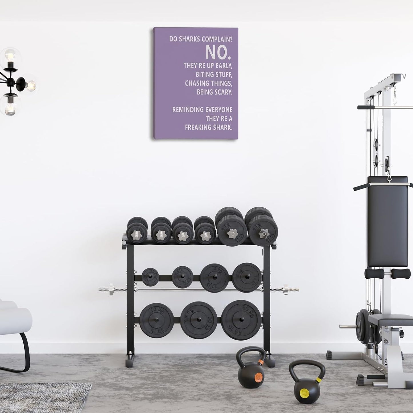 Rusenbao Gym Motivational Workout Wall Art, Home Gym Decor, Inspirational Workout Room Decor, Do Sharks Complain About Monday, Canvas Wall Art for Exercise Fitness Room Office, 11x14 inch(Purple)