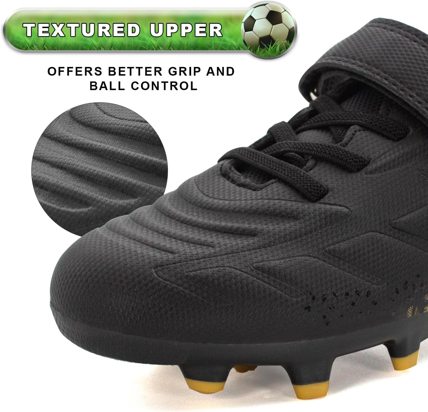 RUNIC Kids Soccer Cleats for Boys and Girls - Small and Big Kid Athletic Outdoor Football Shoes - Firm Ground - Hook and Loop Closure - Black/Gold