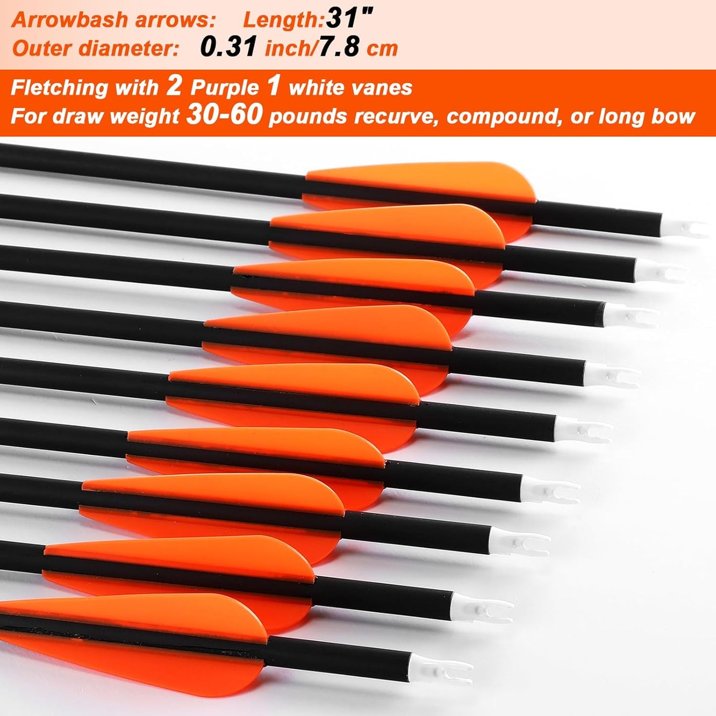 24 Pcs 31.5 Inch Arrows for Compound Bow Hunting Arrows Carbon Arrows with 3 Inch Plastic Arrow Feathers and Removable Tips 500-600 Spine Archery Target Arrows for Recurve Bow