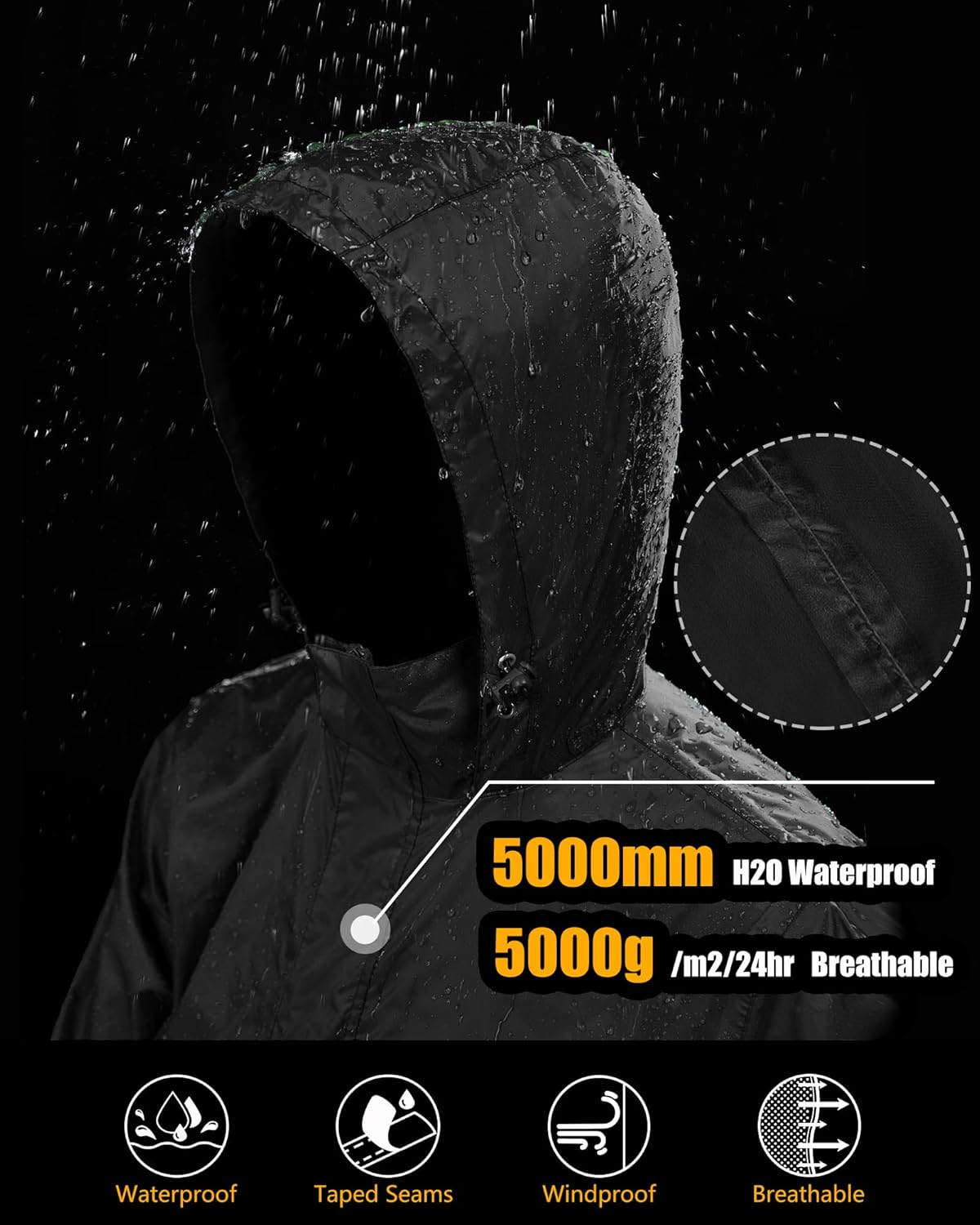 33,000ft Men's Pullover Rain Jacket Waterproof with Hood Lightweight Packable Raincoat Windbreaker for Golf Travel