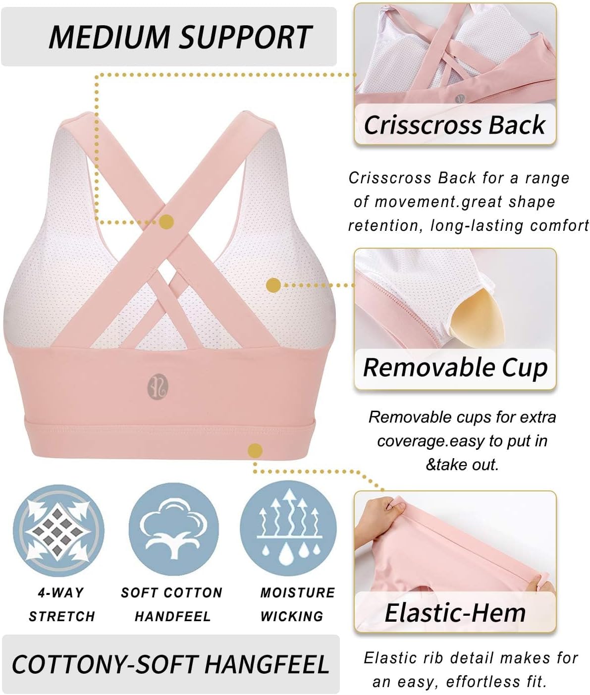 RUNNING GIRL Sports Bra for Women, Criss-Cross Back Padded Strappy Sports Bras Medium Support Yoga Bra with Removable Cups