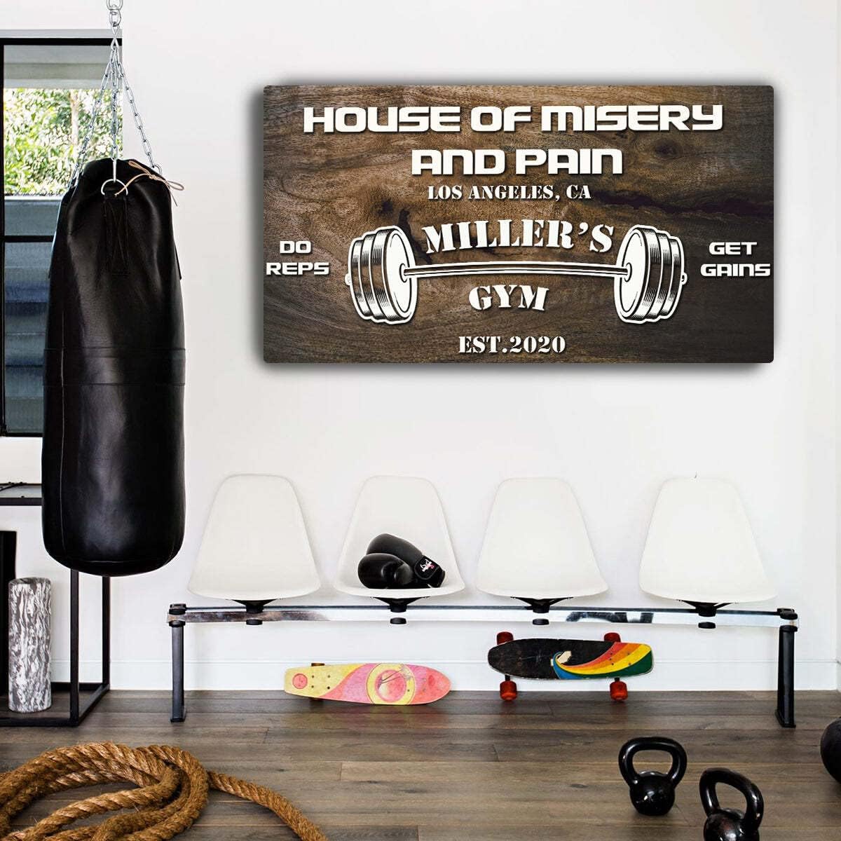 Tailored Canvases Personalized Gym Sign Wall Art Decor - Motivational Canvas for Home Gym, Workout Room, Garage, Fitness Center - Workout Inspirational Posters - House of Misery and Pain, Wooden 48x16in