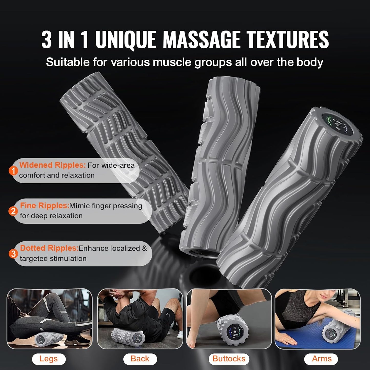 VEVOR Vibrating Foam Roller, 5-Speed Electric Massage Roller, 16" Rechargeable Muscle Roller with 3 Vibration Modes, High Density EVA Foam Massager for Deep Tissue, Back Pain Relief, Exercise Recovery
