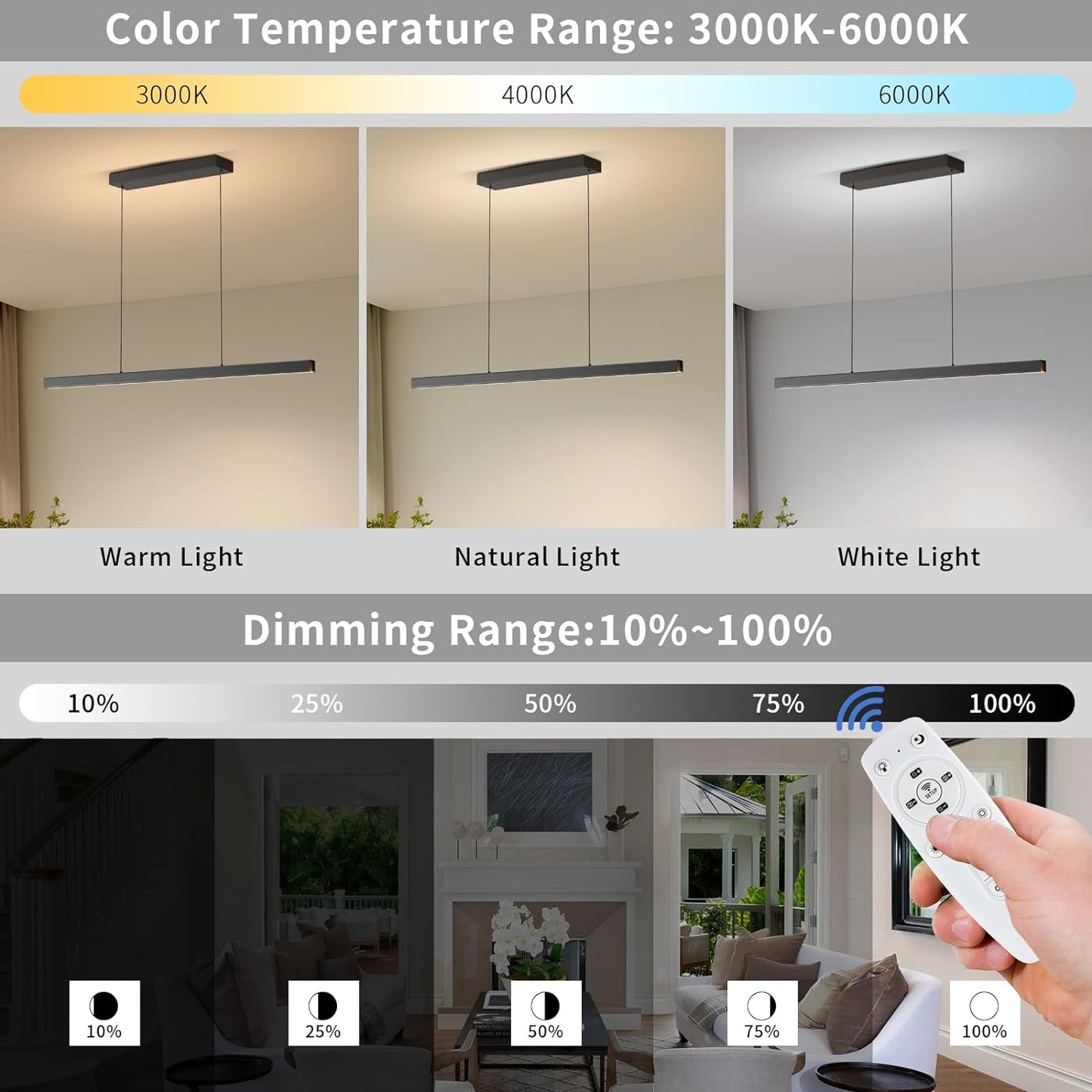 Modern Island Lights, 70.8in LED Pendant Light Dimmable with Remote Control 3000k-6000K Adjustable Color Temperature, Aluminum Chandelier Lamp Fixture for Kitchen, Dining Room, Billiard Room