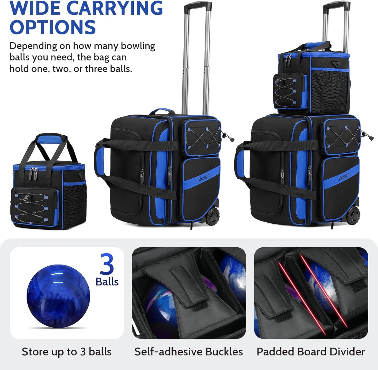 3 Ball Bowling Bag with Wheels, 2 Ball Bowling Bags Double roller with 1 Ball Add On Bag, Multi-Pockets & Shoe Compartment (Fits Up to Size 15)