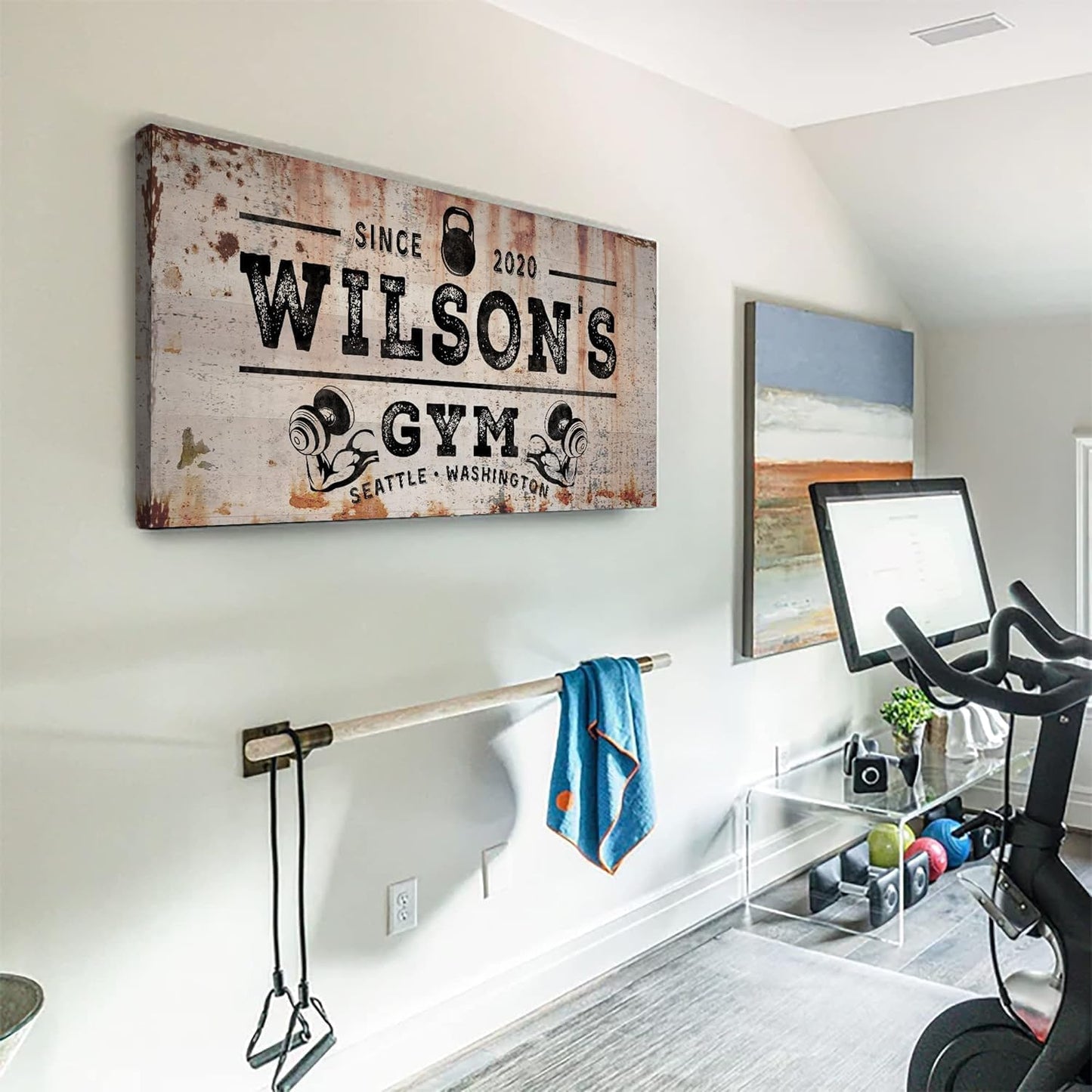 TAILORED CANVASES Personalized Gym Sign Wall Art Decor - Motivational Canvas s for Home Gym, Workout Room, Garage, Fitness Center - Workout Inspirational Posters - Kettlebell on Rustic, 48x24in