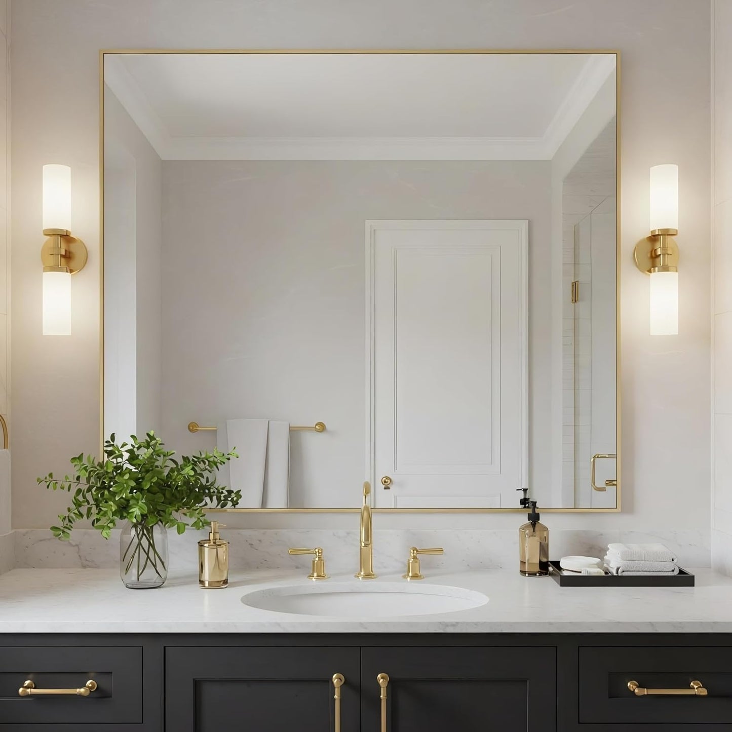 30x36 Inch Brass Bathroom Mirror for Wall, Aluminum Frame Rectangle Rectangular Vanity Mirror, Modern Large for Bedroom, Living Room, Horizontal or Vertical