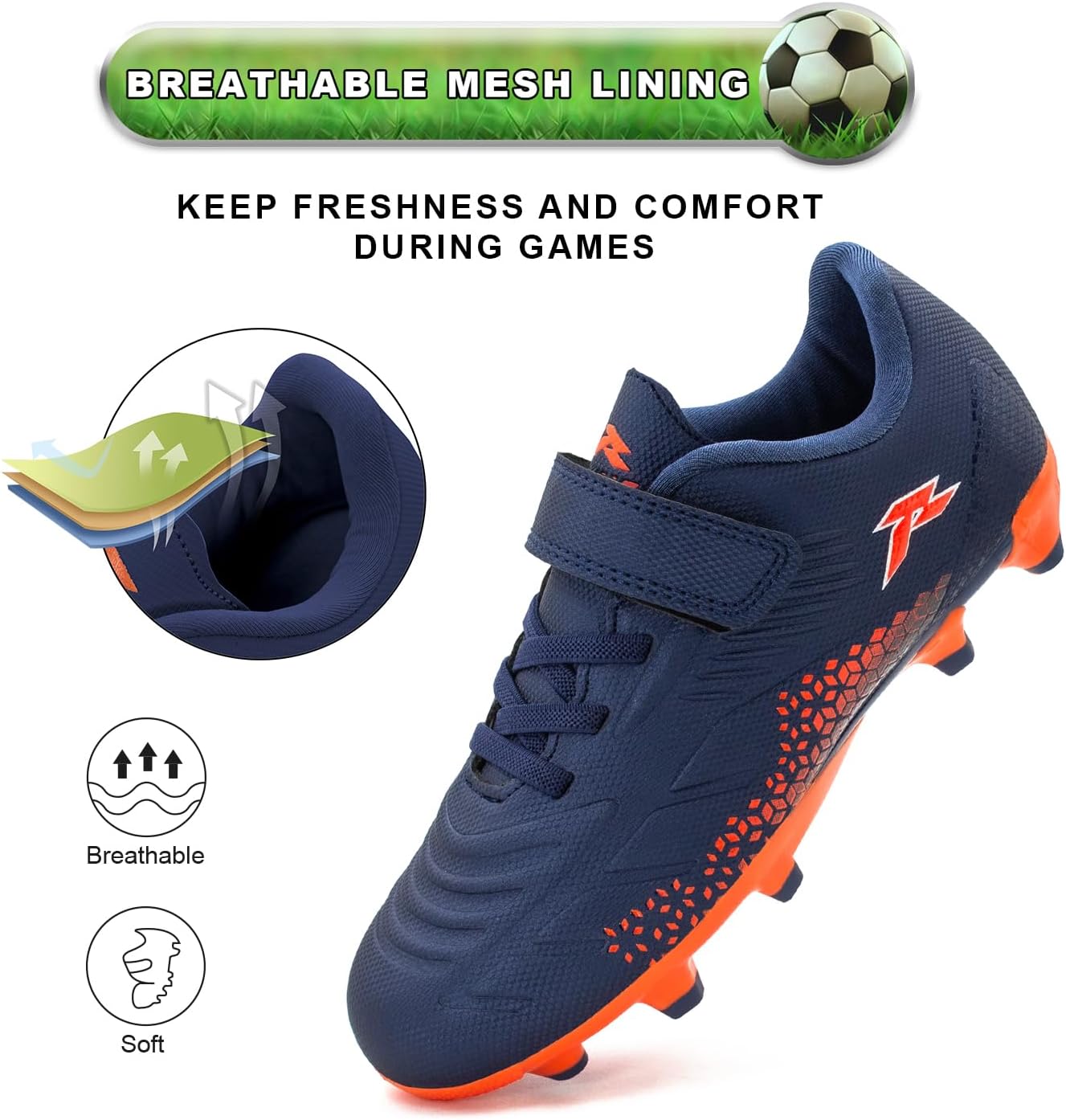 RUNIC Kids Soccer Cleats for Boys and Girls - Small and Big Kid Athletic Outdoor Football Shoes - Firm Ground - Hook and Loop Closure - Black/Gold