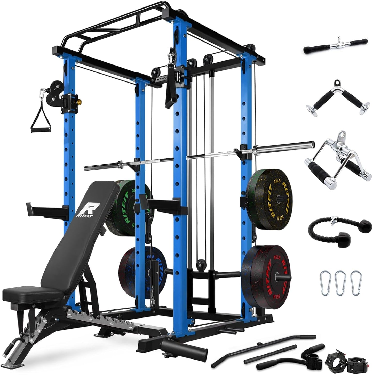 RitFit Power Cage with Optional LAT PullDown/Cable Crossover, 1000LB Squat Rack for Home & Garage Gym, with Weight Storage Rack and More Training Attachments, ASTM-Certified