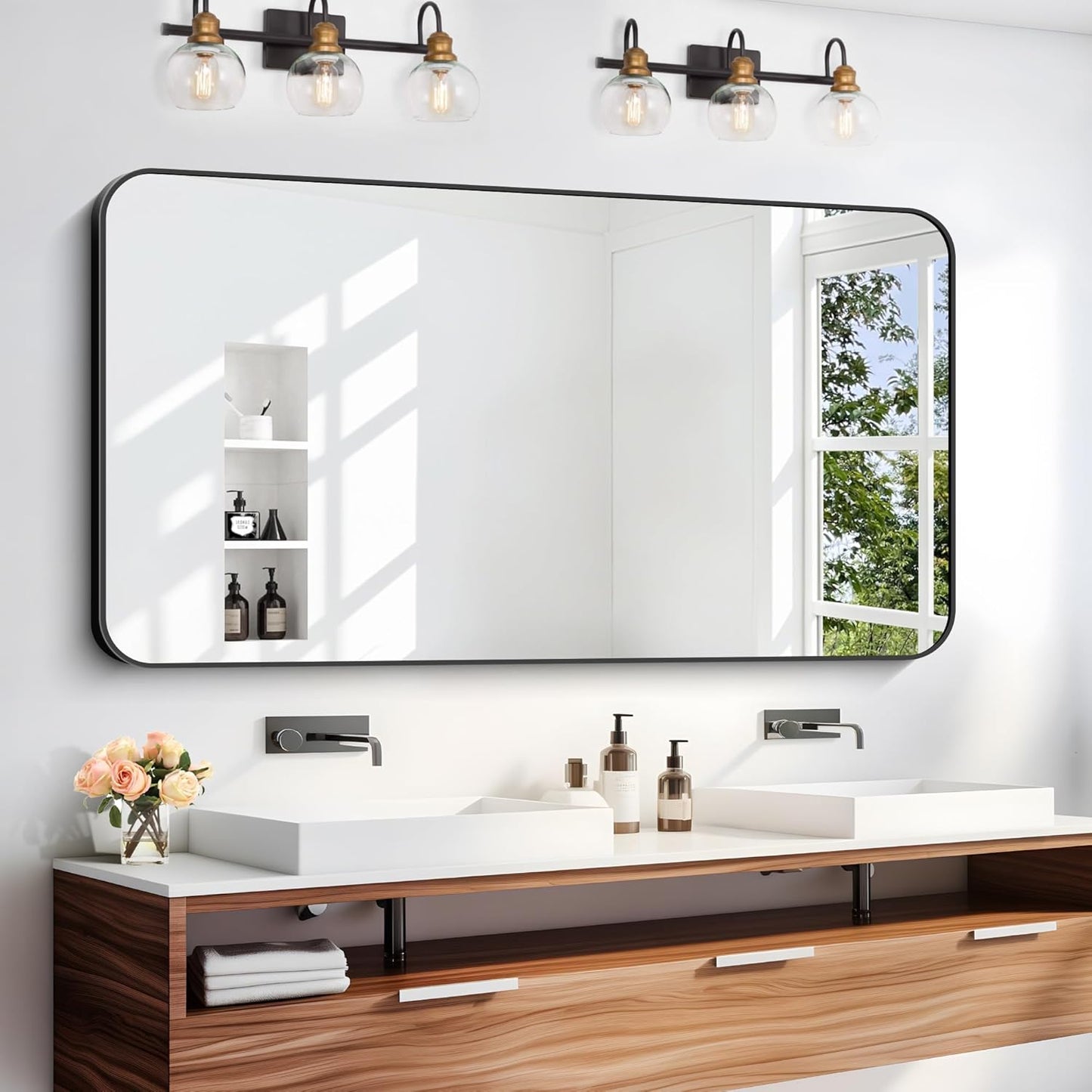 24" x 48"Bathroom Mirror, Matte Black Wall Mirror with Metal Frame, Decorative Rectangular Vanity Mirror for Bedroom Bathroom Living Room Entryway (Horizontal/Vertical)