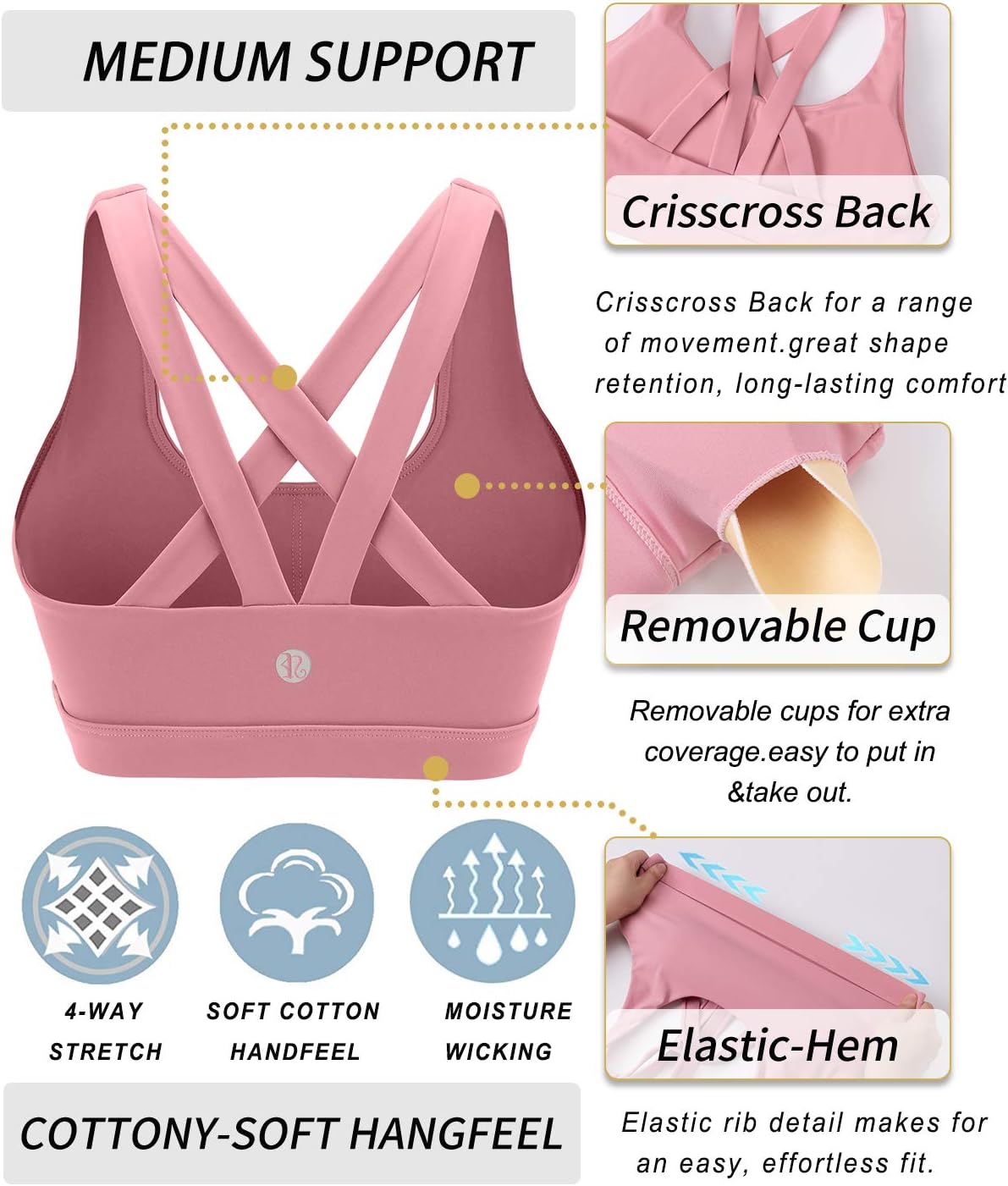RUNNING GIRL Sports Bra for Women, Criss-Cross Back Padded Strappy Sports Bras Medium Support Yoga Bra with Removable Cups