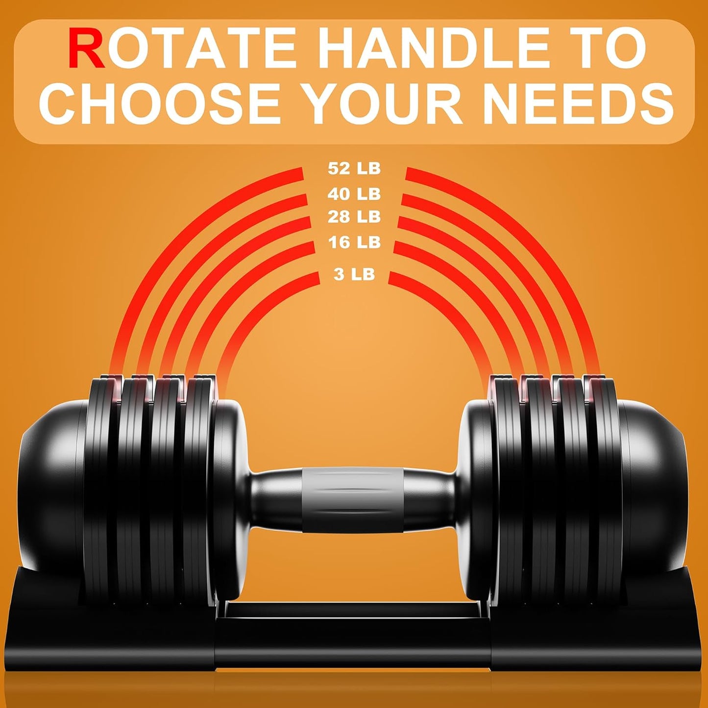 Adjustable Dumbbell,22LBS 44LBS 52LBS Dumbbell Set with Tray for Fitness, Fast Adjust Weight by Turning Anti-Slip Handle, Safety with 8 Lock Slots, Suitable for Men and Women