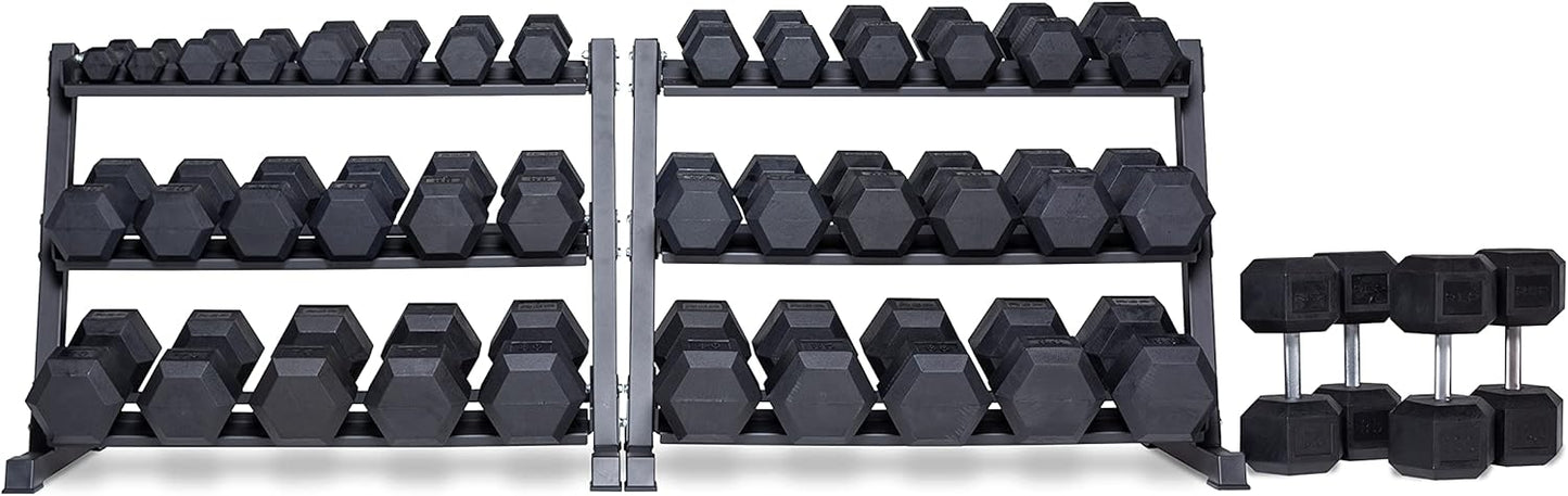 REP Fitness Rubber Hex Dumbbell Set, Adjustable Weight Pairs, Home Gym Equipment, Strength Training For Men Women, Black Coated Grips, Workout Rack Storage Optional, Heavy Lb Free Weights