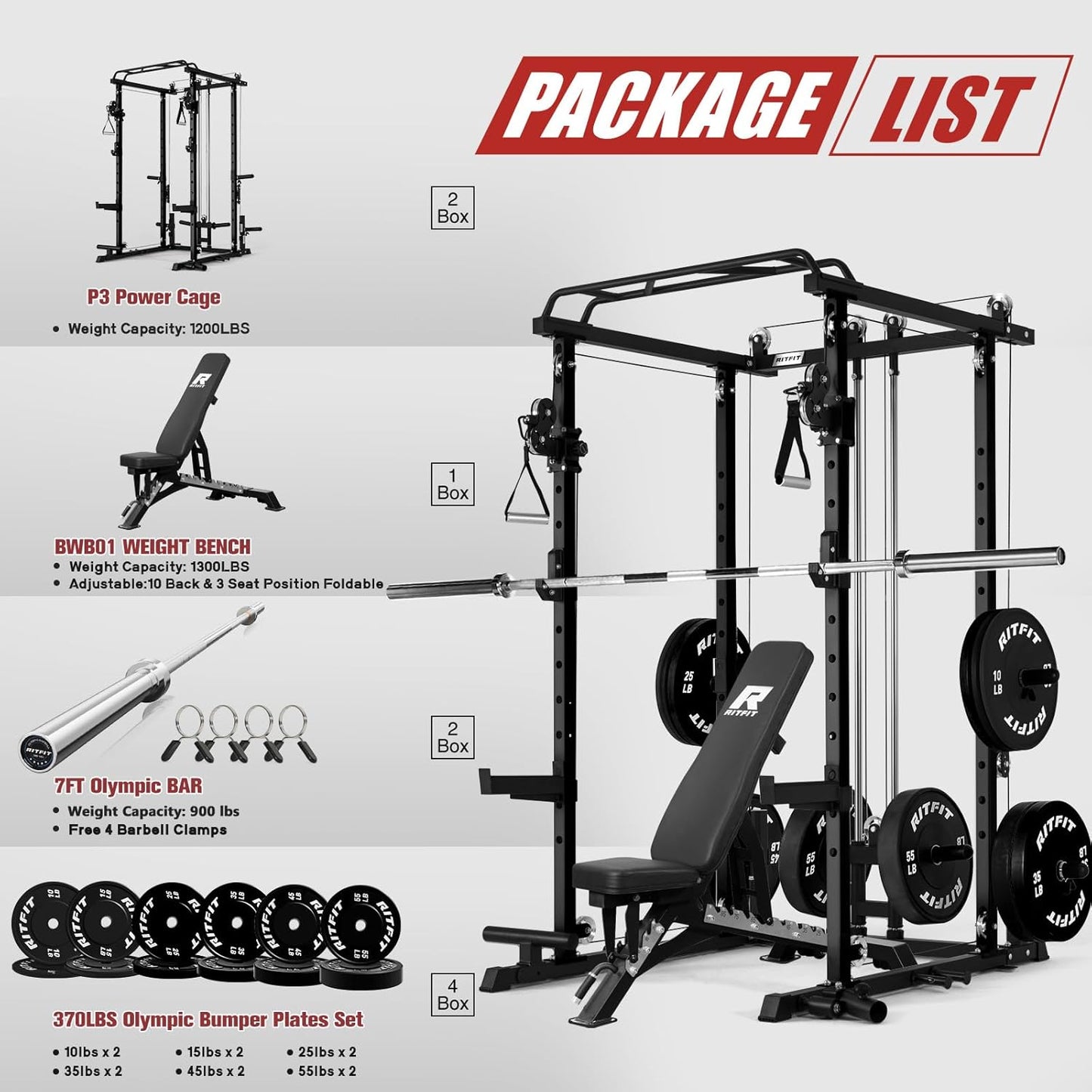 RitFit Power Cage with Optional LAT PullDown/Cable Crossover, 1000LB Squat Rack for Home & Garage Gym, with Weight Storage Rack and More Training Attachments, ASTM-Certified