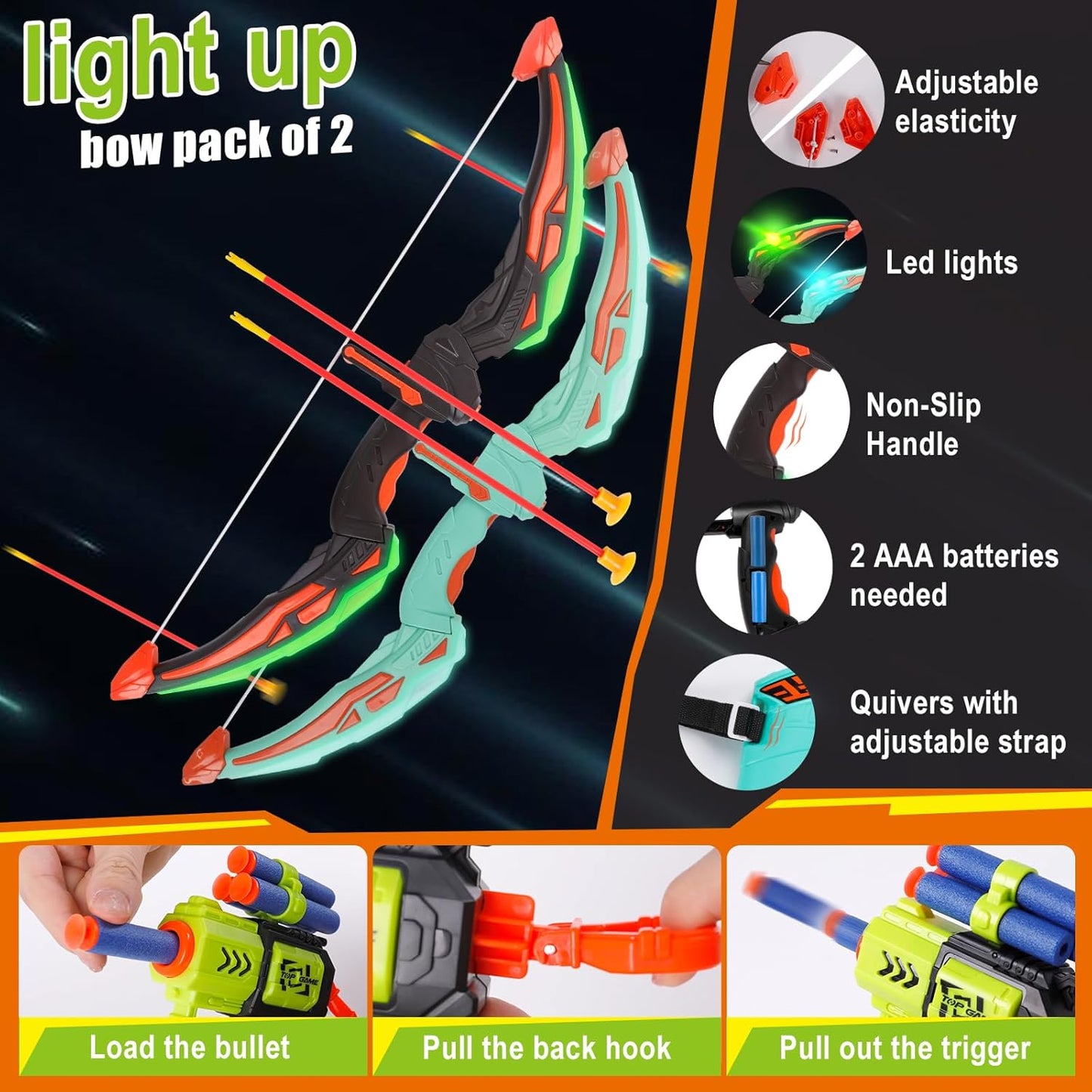 2 Pack Bow and Arrow for Kids Sports and Outdoor Play Toys Archery Set with LED Light Up 16 Arrows 1 Standing Target 2 Quiver Indoor Outdoors Toy for Age 4-12 Year Old Boy Girl Gift