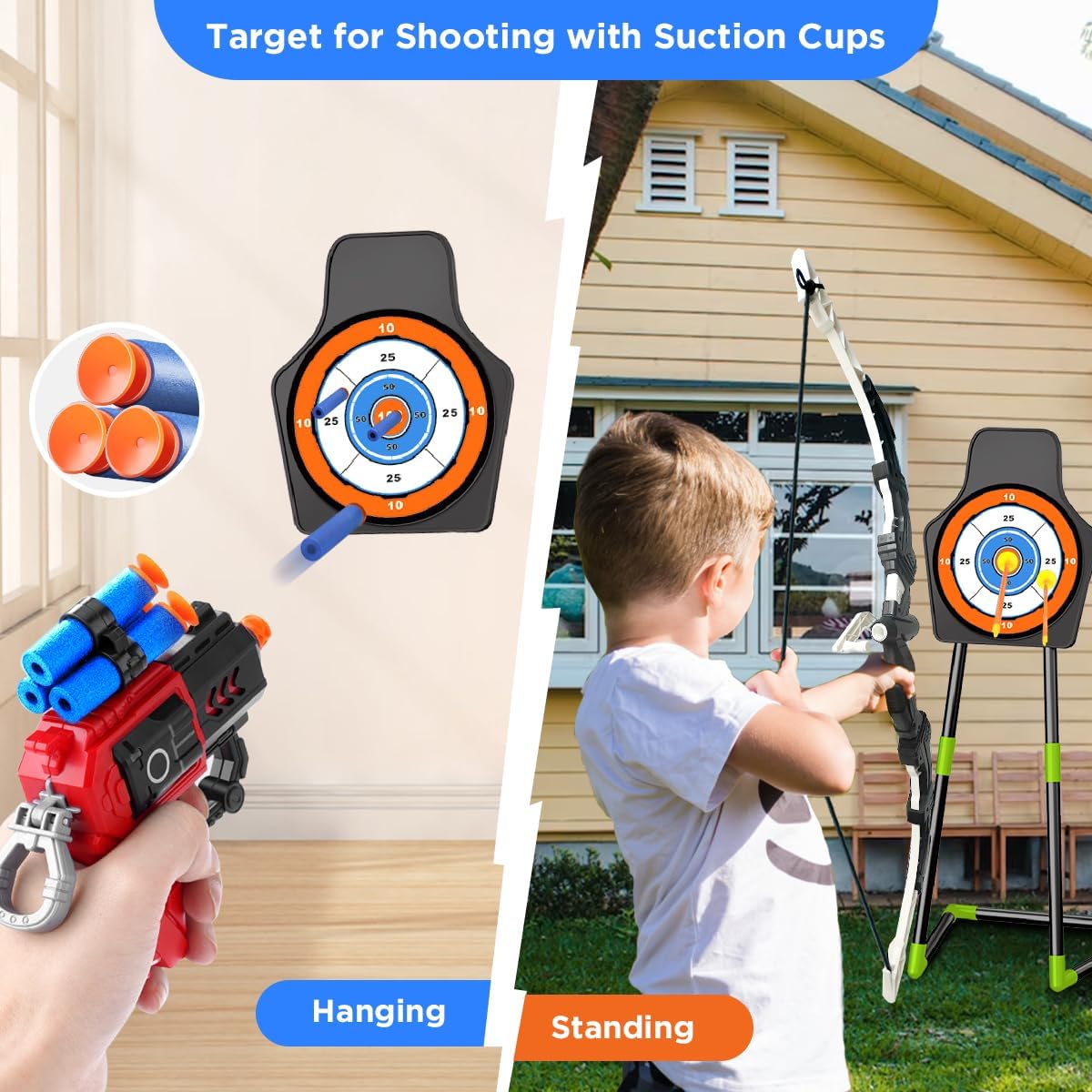 VATOS 2 Pack Bow and Arrow Toy for 5 6 7 8 9 10 11 Year Old Boys Girls, Light Up Archery Toy with Cup Suction Standing Target & 29 in Dart Board, Indoor Outdoor Activity Toys Birthday