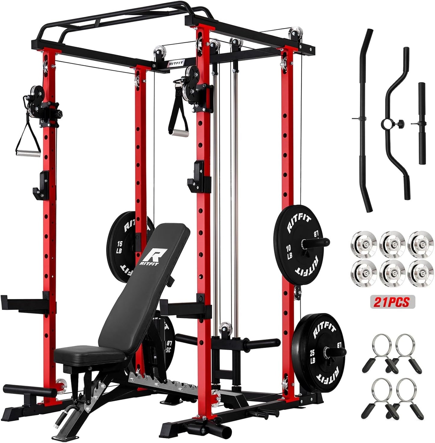 RitFit Power Cage with Optional LAT PullDown/Cable Crossover, 1000LB Squat Rack for Home & Garage Gym, with Weight Storage Rack and More Training Attachments, ASTM-Certified