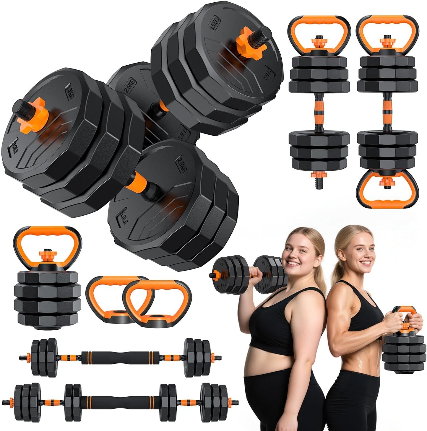 5-in-1 Adjustable Dumbbell Set, 33/44/66/88lbs Free Weights Set with Connector, Used as Kettlebells, Barbell, Push up Stand, Standard 1" Plates, Fitness Exercises for Home Gym Suitable Women/Men