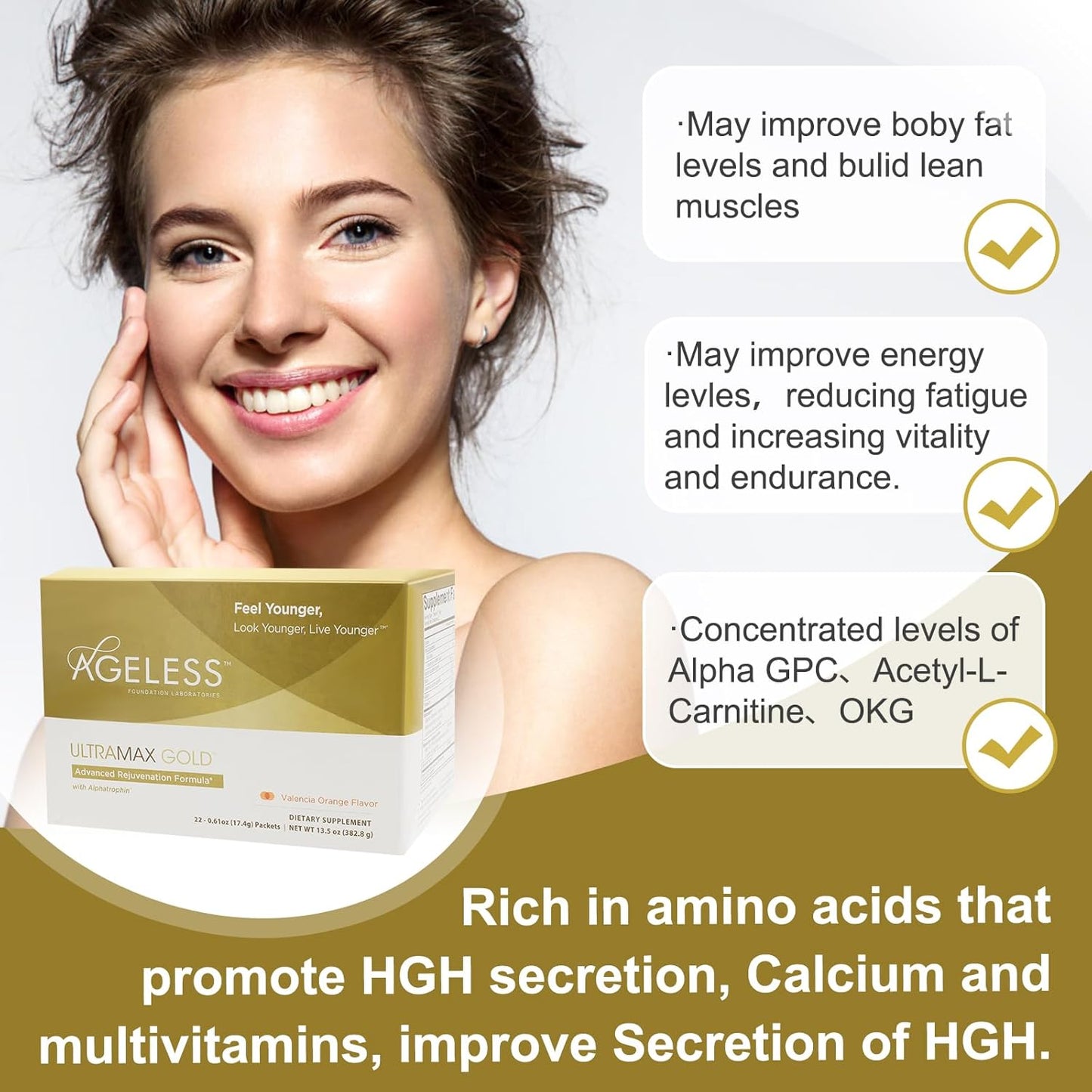 Ageless UltraMAX Gold - HGH Anti-Aging Supplement for Women & Men - Rejuvenates Skin, Restores Youthful Appearance, Boosts Energy & Sleep, Effervescent Powder - Valencia Orange Flavor - 22 Packets