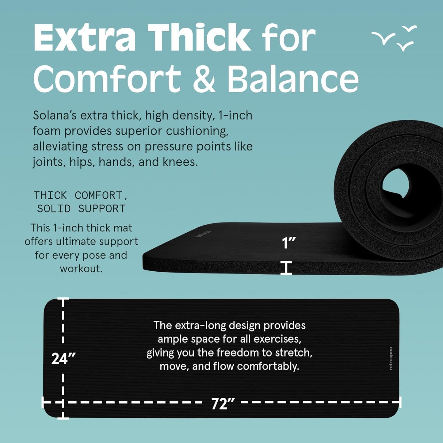 Retrospec Solana Yoga Mat 1" Thick With Nylon Carry Strap for Men & Women - Non Slip Exercise Mat for Home Yoga, Pilates, Stretching, Floor & Fitness Workouts