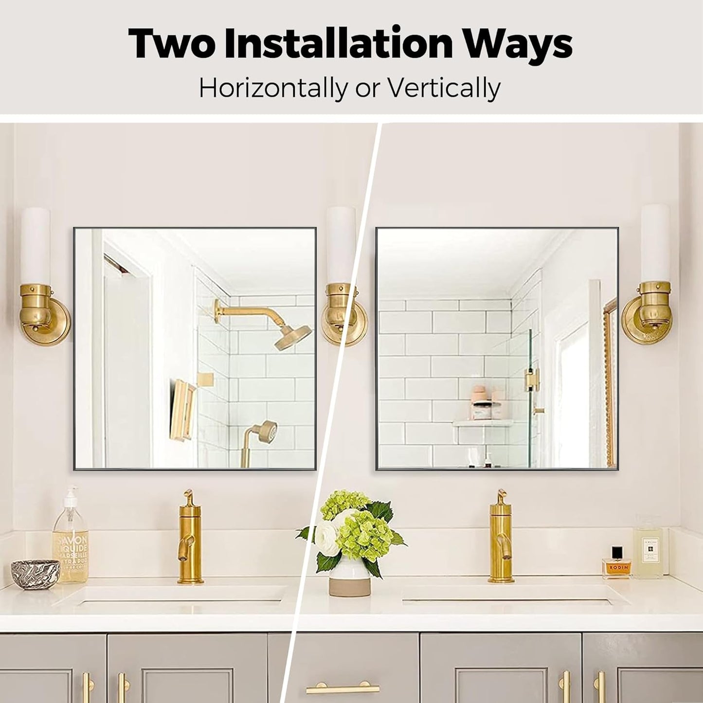 24x24 Inch Black Bathroom Mirror for Wall, Aluminum Frame Rectangle Rectangular Vanity Mirror, Modern Large for Bedroom, Living Room, Horizontal or Vertical