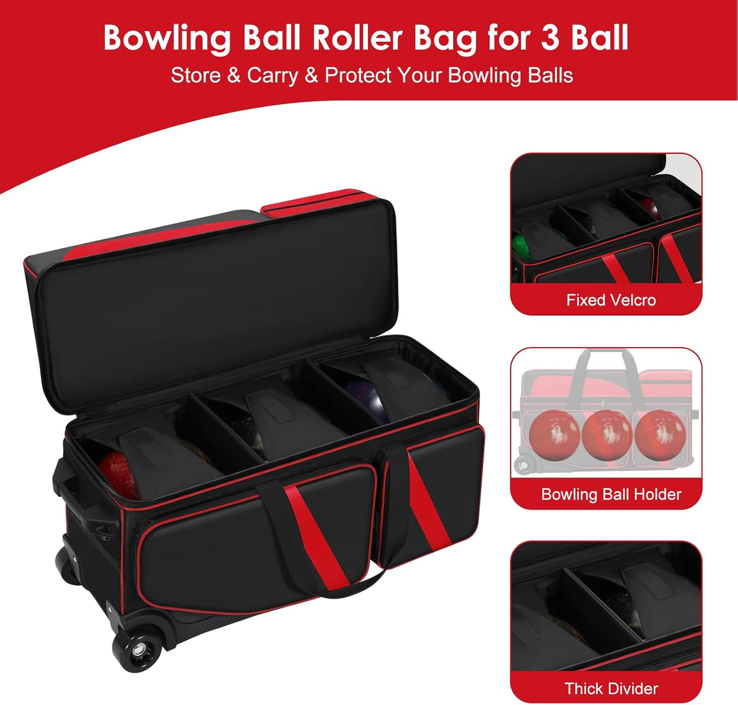 3 Ball Bowling Bag with Wheels, Bowling Bag 3 Ball Roller with Shoe Compartment (Fits Up to Size 16), with Multi-pocket and Retractable Handle Extends to 41.5"