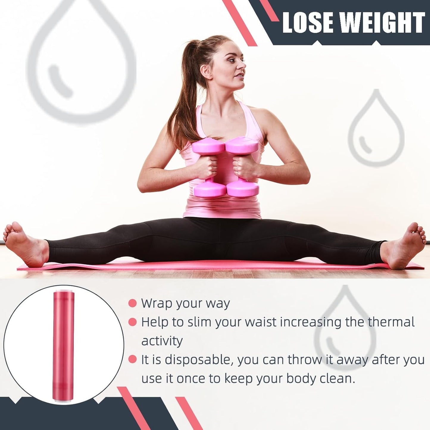 60 Meters Rose Red Osmotic Plastic Body Wrap, Workout and Sweat Enhancer Stomach Wrap Body Wrap Film Applicator Power Wrap(1 Rolls)