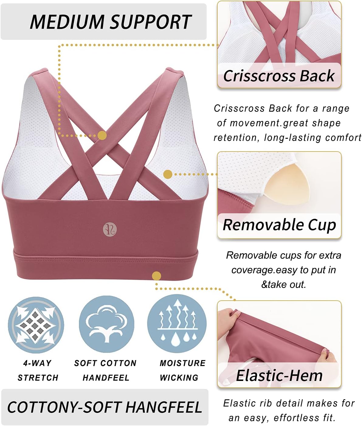 RUNNING GIRL Sports Bra for Women, Criss-Cross Back Padded Strappy Sports Bras Medium Support Yoga Bra with Removable Cups