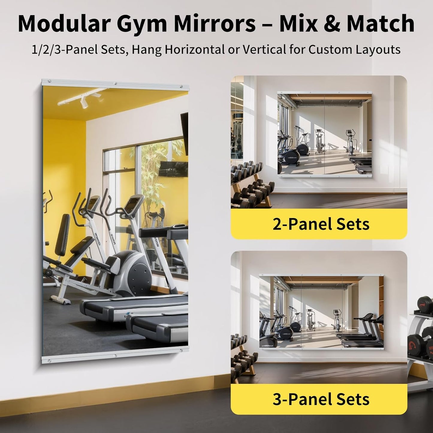 Home Gym Mirror - 55x30 Inch, 3PCS Frameless Tempered Glass Full Body Mirror for Wall Mount - Ideal for Yoga, Workout, Bedroom, Dance Studio (Silver)