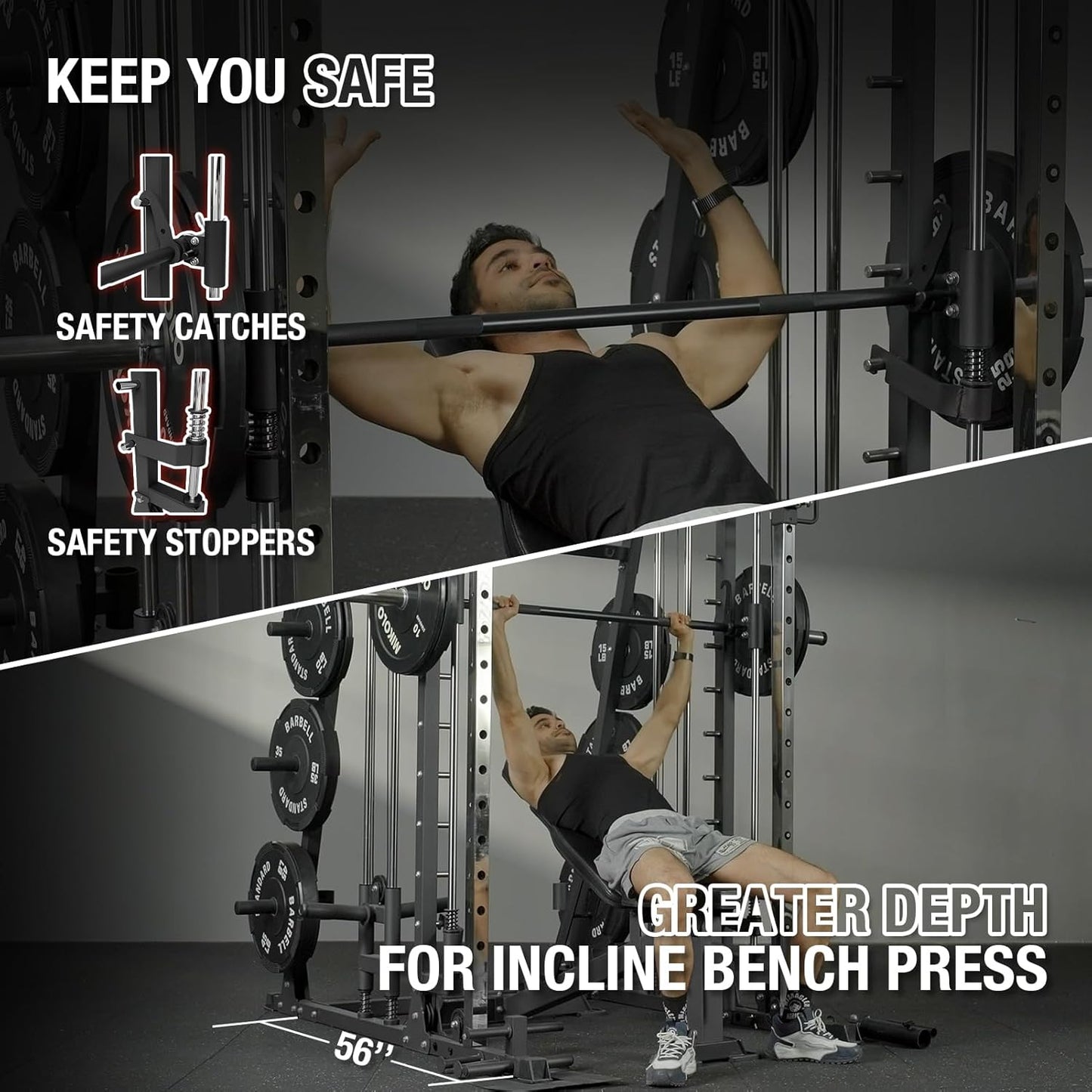 Mikolo Smith Machine, 2200lbs Squat Rack with LAT-Pull Down System & Cable Crossover Machine, Training Equipment with Leg Hold-Down Attachment