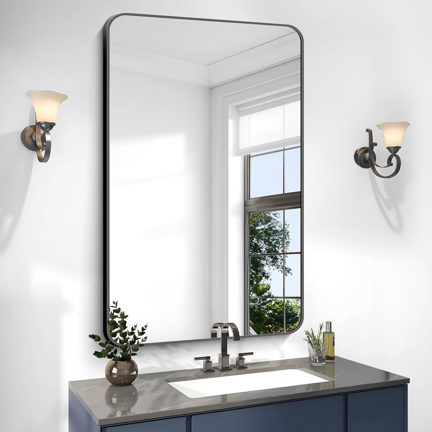 30x48 inch Bathroom Mirror,Black Rectangle Mirror,Wall Mounted Bathroom Frame Vanity Mirror with Round Corner for Bedroom Living Room, Entryway Hangs Horizontal or Vertical