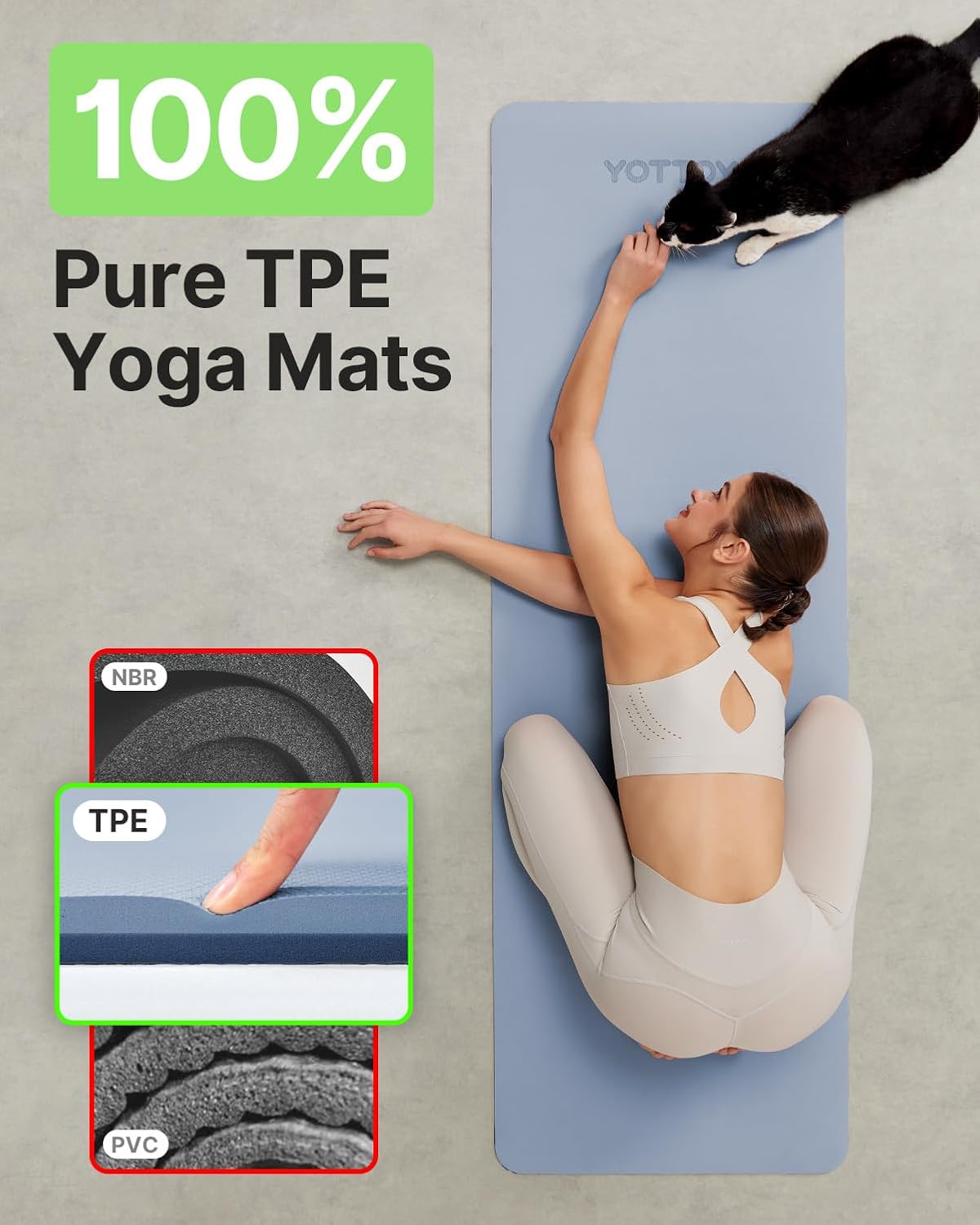 Yoga Mat,Non-Slip TPE Exercise Mat(1/4 Inch) for Pilates, Fitness & Barefoot Workouts, Home Gym Studio with Strap & Bag