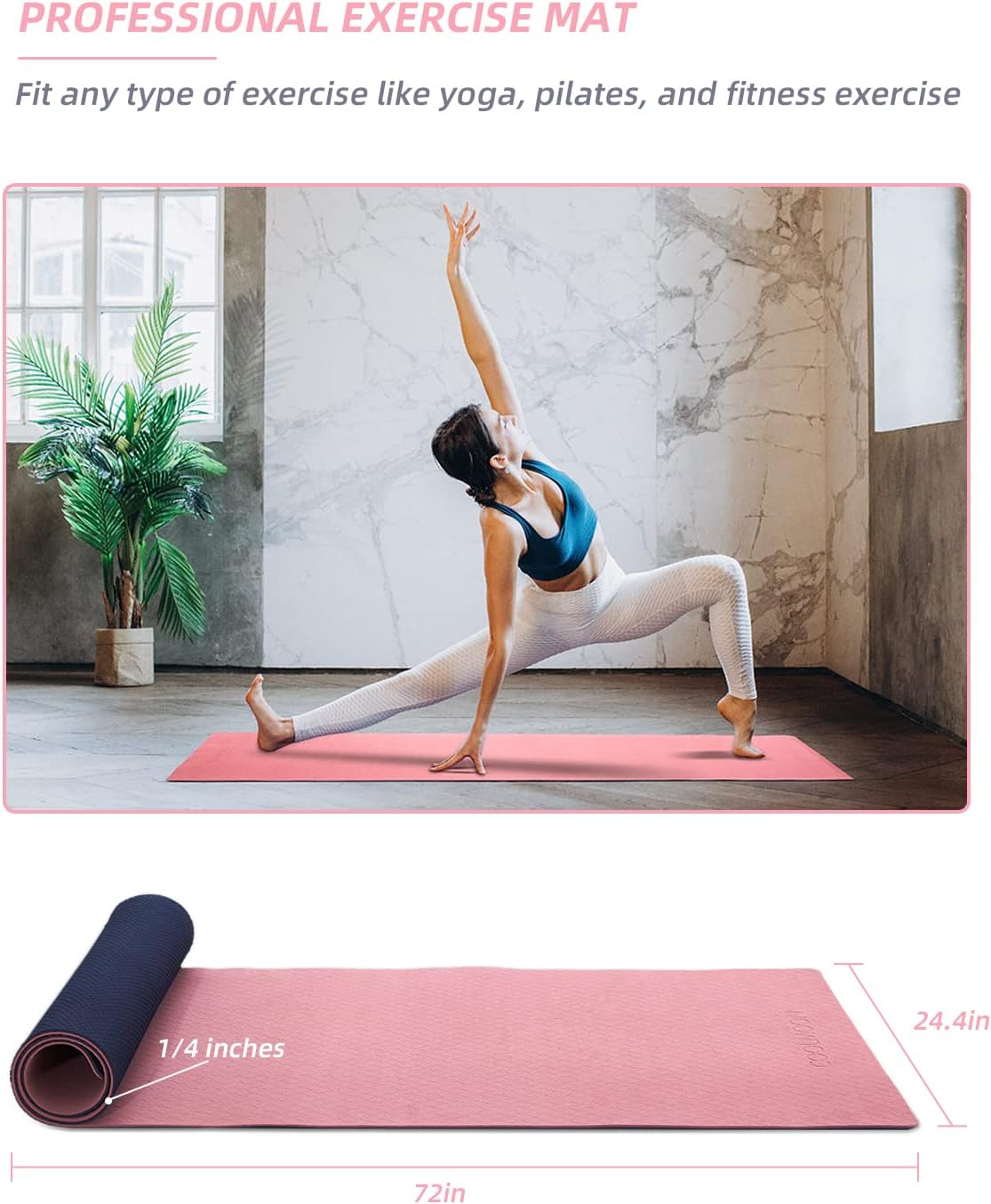 COOLMOON Yoga Mat Non Slip, Anti-Tear 1/4 Thick TPE Yoga Mats for Women and Men, 72"x24" Exercise & Fitness Mat with Carrying Strap, Workout Mats for Yoga, Pilates and Floor Exercise