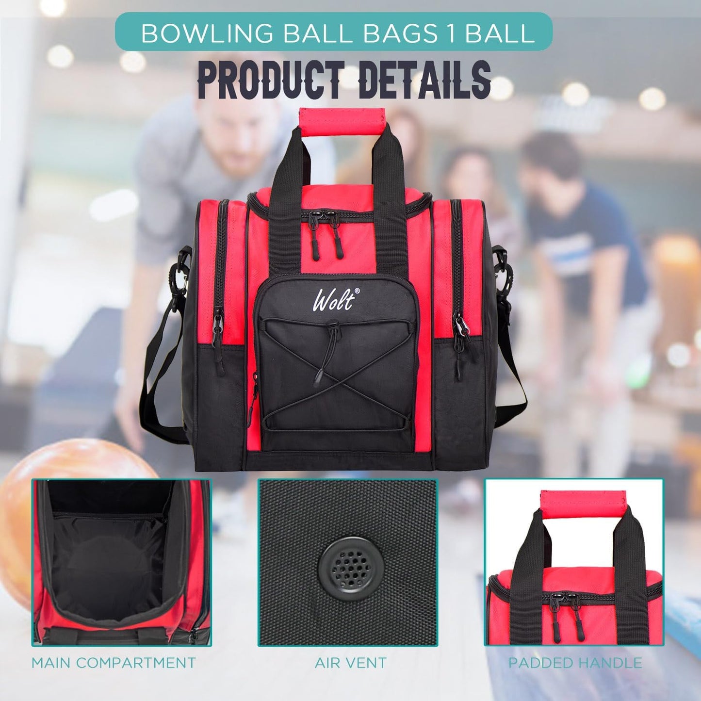 WOLT Bowling Ball Bag for Single Ball - Bowling Ball Tote Bag with Padded Ball Holder, 2 Pockets fit Bowling Shoes Up to Mens Size 14 and Accessories