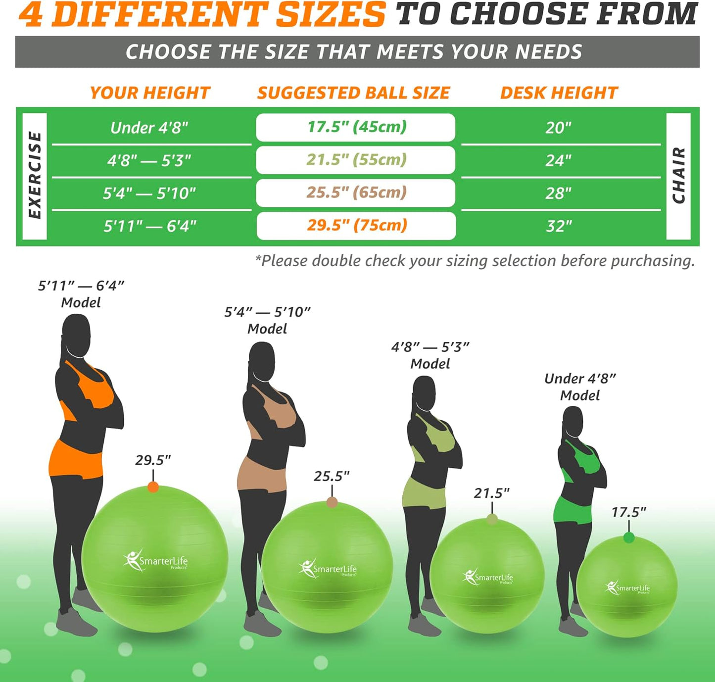 SmarterLife Exercise Ball Yoga Ball for Fitness, Balance, Stability, or Pregnancy, Gym Ball for Core Workout, Physical Therapy, Yoga Ball Chair for Office, Anti-Slip Anti-Burst